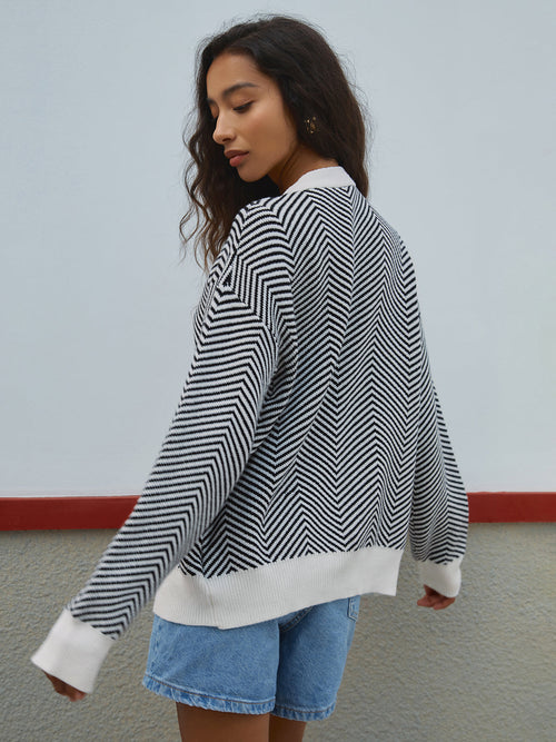 Chevron Contrast Button-Up Cardigan