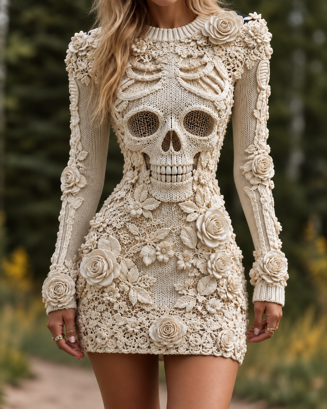 Vesper | Women's Skeleton Print Floral Appliqué Long-Sleeve Halloween Bodycon Mini Dress