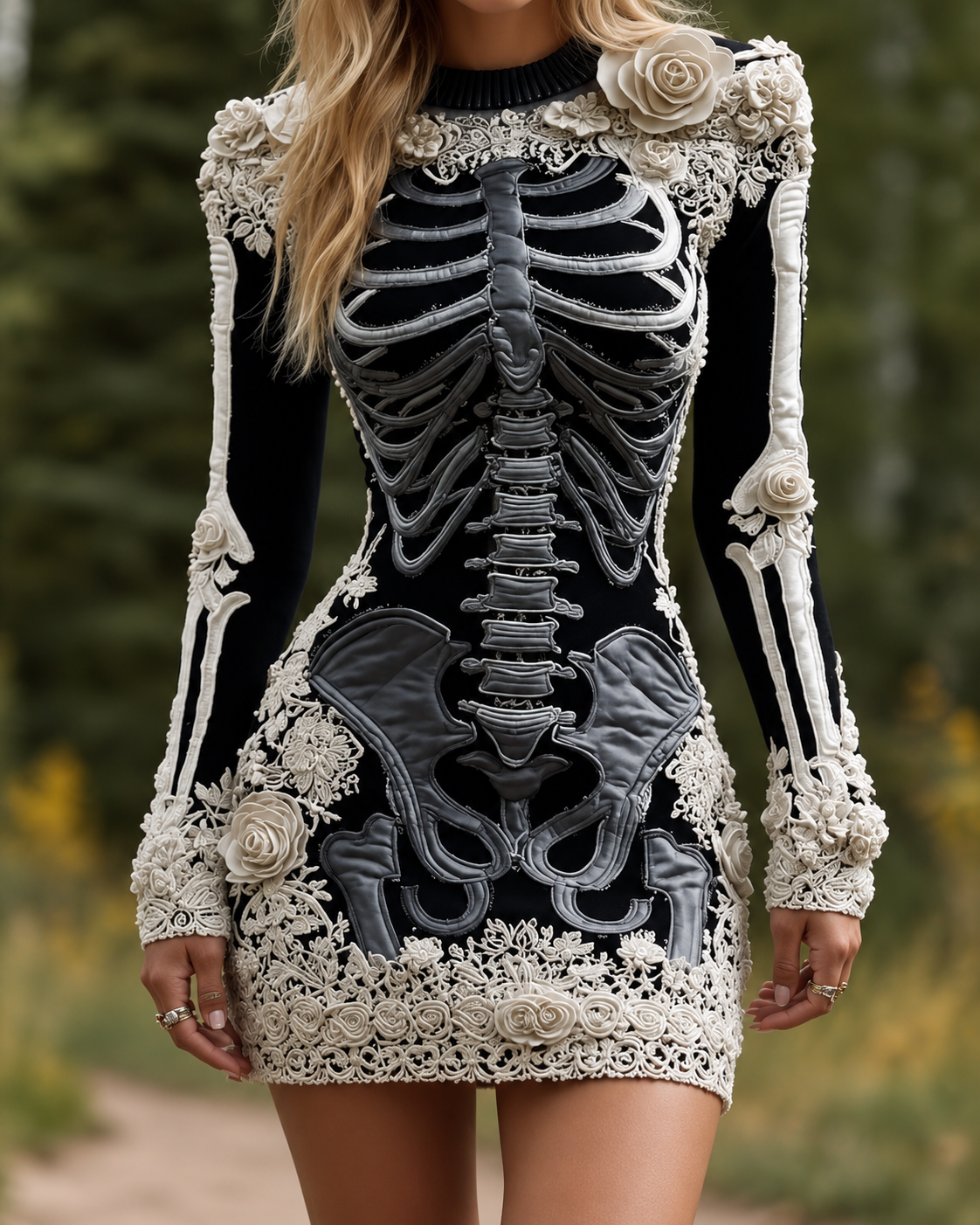Vesper | Women's Skeleton Print Floral Appliqué Long-Sleeve Halloween Bodycon Mini Dress