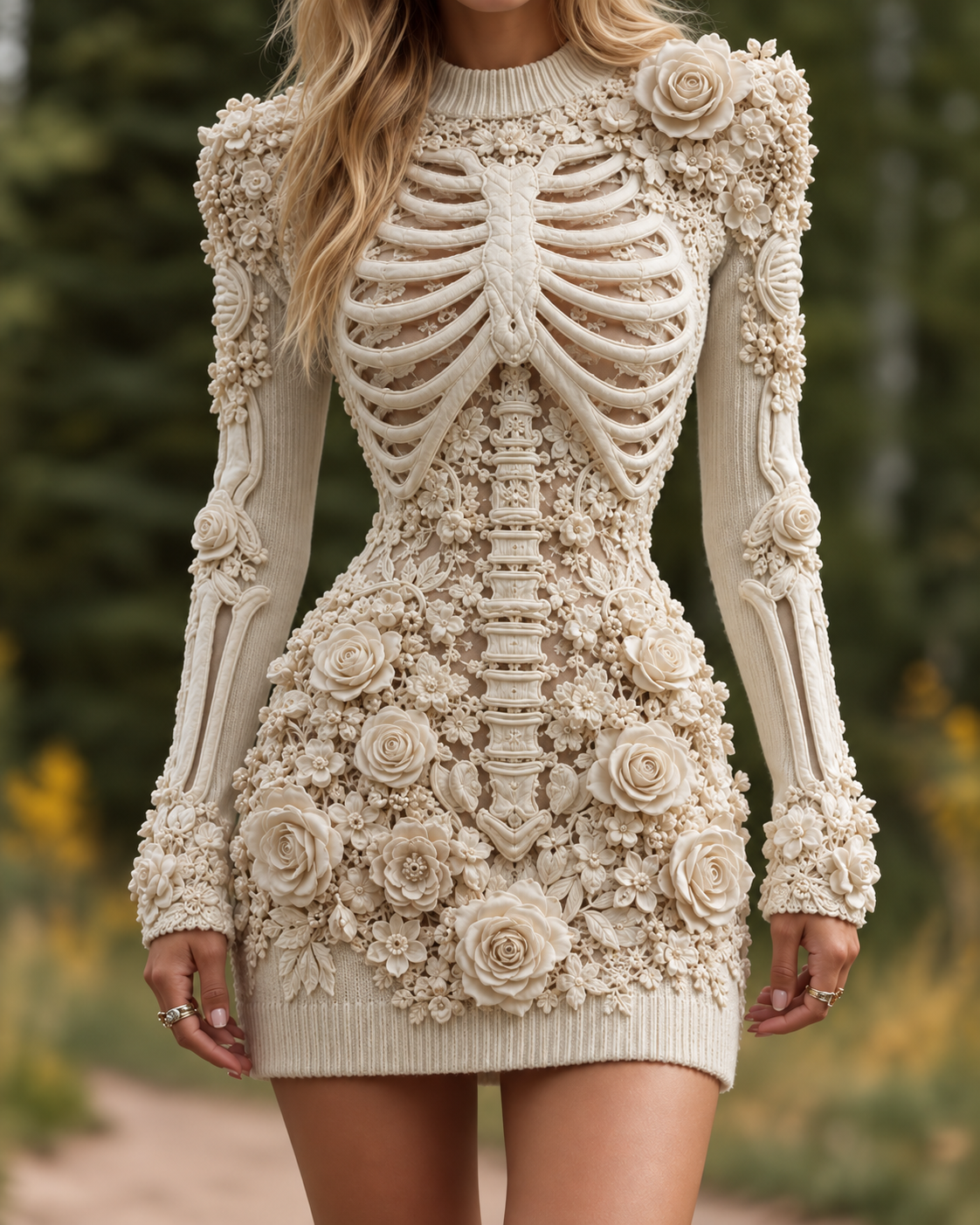 Vesper | Women's Skeleton Print Floral Appliqué Long-Sleeve Halloween Bodycon Mini Dress