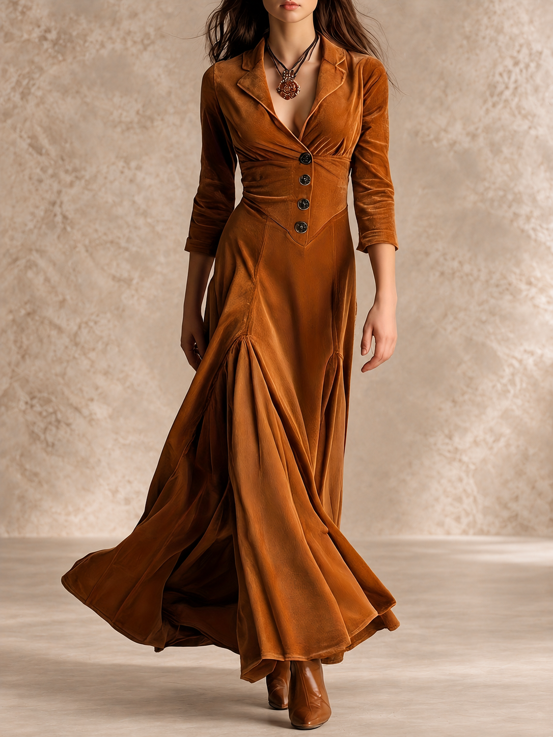 ELOWENNA | ELEGANT BUTTON-FRONT COLLAR DRESS WITH 7/8 SLEEVE
