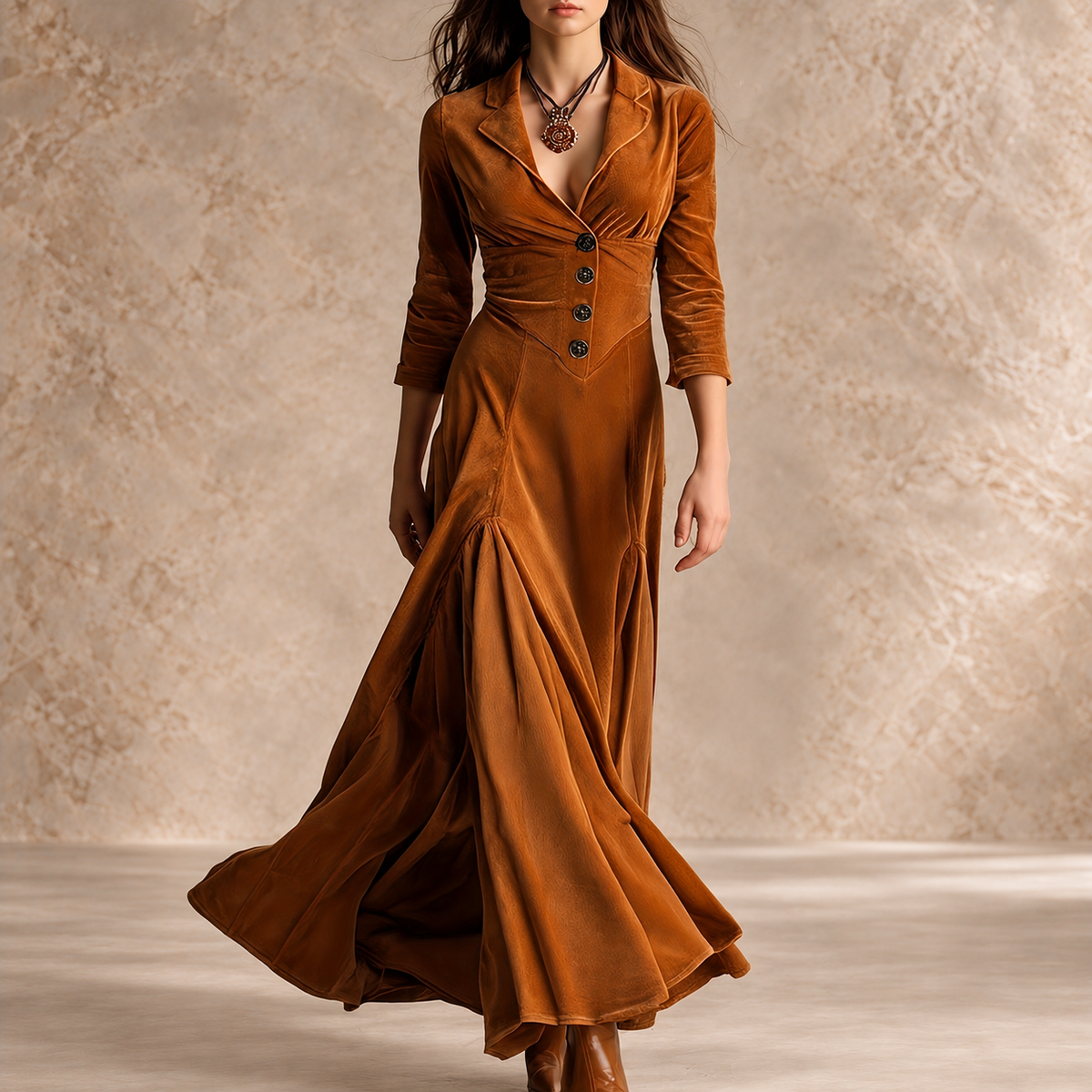ELOWENNA | ELEGANT BUTTON-FRONT COLLAR DRESS WITH 7/8 SLEEVE