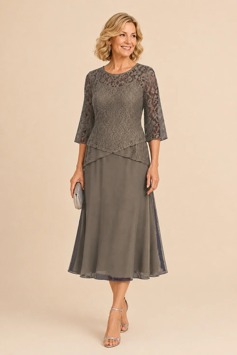 Beaded Lace Asymmetric Tea-Length Chiffon Dress