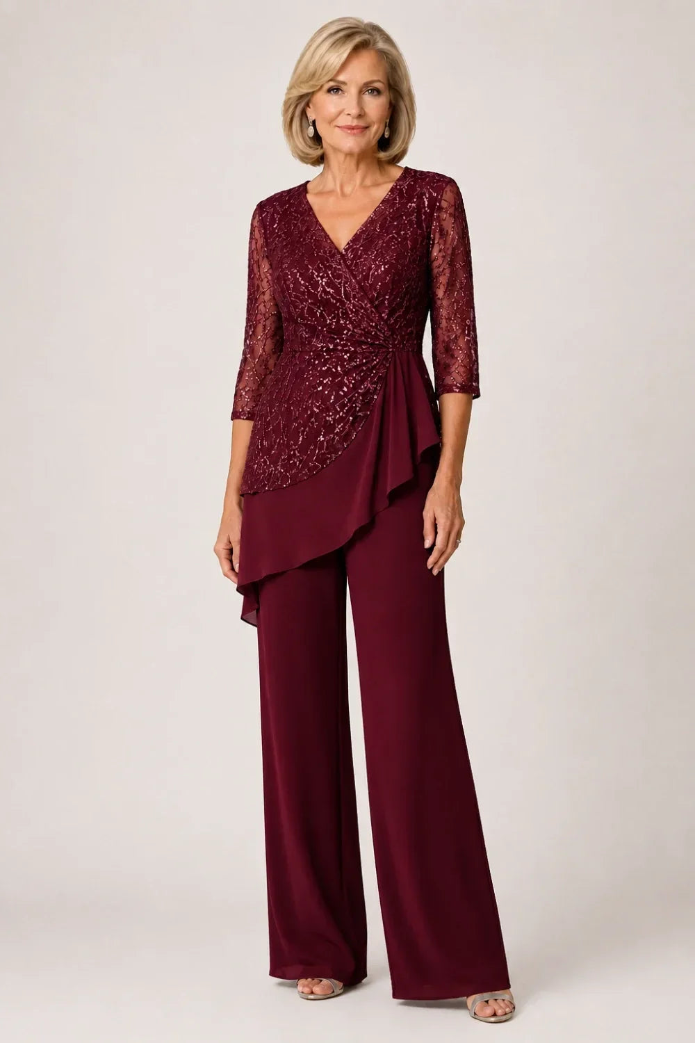 Beaded Lace Chiffon Pant Suit with Sheer Sleeves