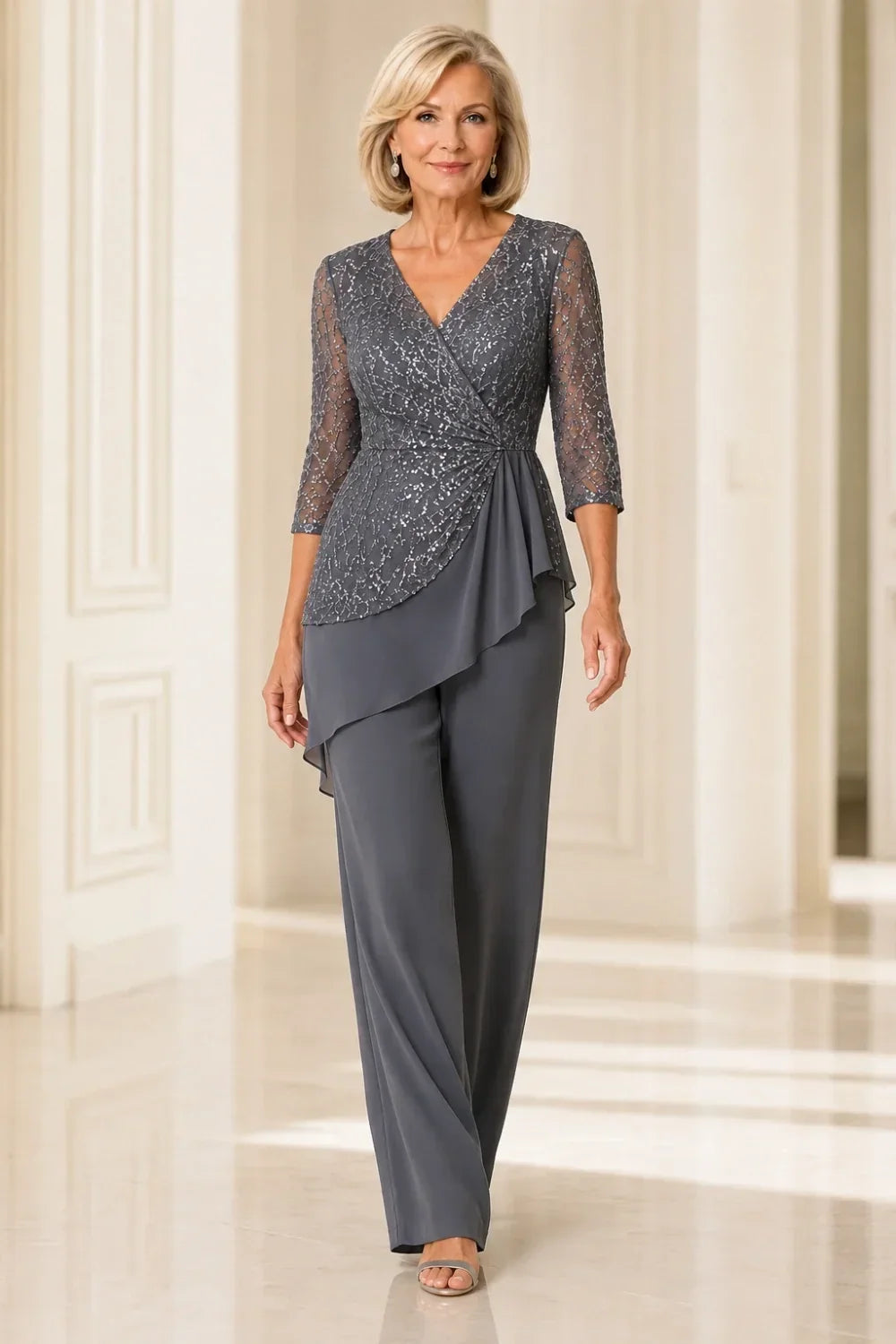 Beaded Lace Chiffon Pant Suit with Sheer Sleeves