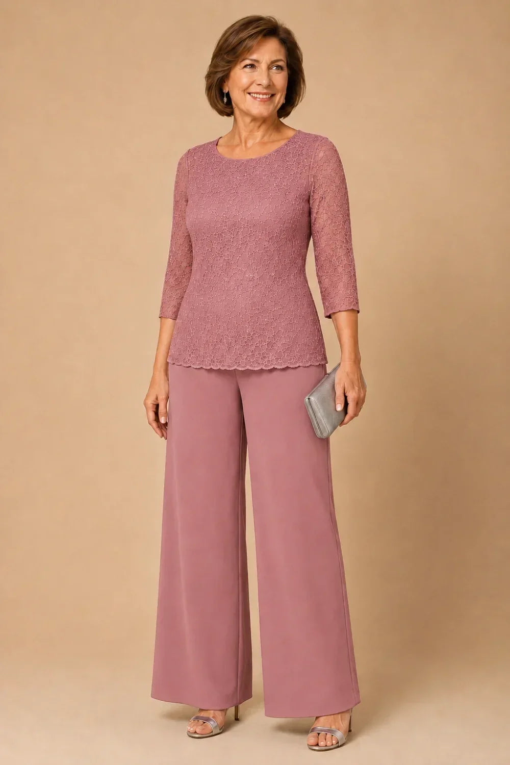 Beaded Lace Wide-Leg Pant Suit with 3/4 Sleeves