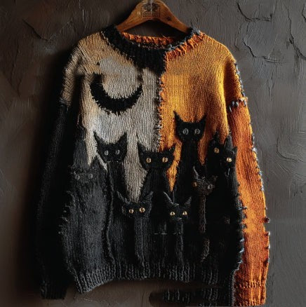 Raven | Women's Cat-Print Distressed Color-Block Halloween Crew-Neck Sweater