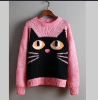 Raven | Women's Cat-Print Distressed Color-Block Halloween Crew-Neck Sweater
