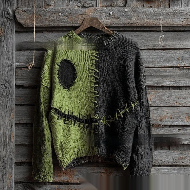 Raven | Women's Cat-Print Distressed Color-Block Halloween Crew-Neck Sweater