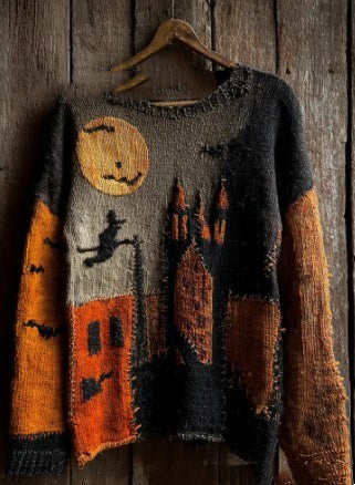 Raven | Women's Cat-Print Distressed Color-Block Halloween Crew-Neck Sweater