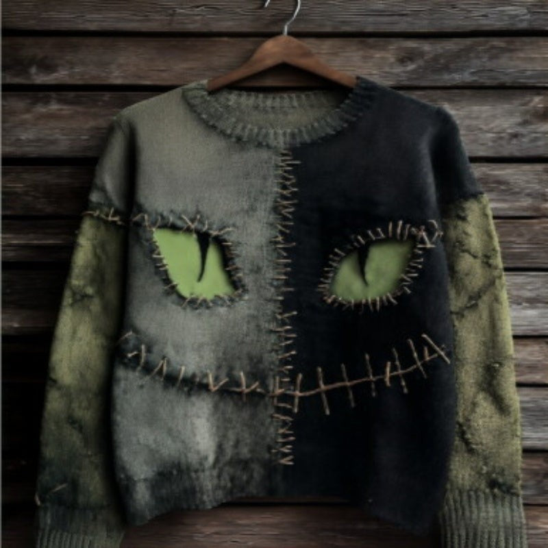 Raven | Women's Cat-Print Distressed Color-Block Halloween Crew-Neck Sweater
