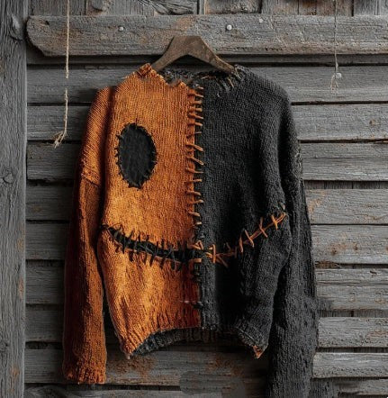 Raven | Women's Cat-Print Distressed Color-Block Halloween Crew-Neck Sweater