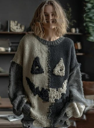 Raven | Women's Cat-Print Distressed Color-Block Halloween Crew-Neck Sweater