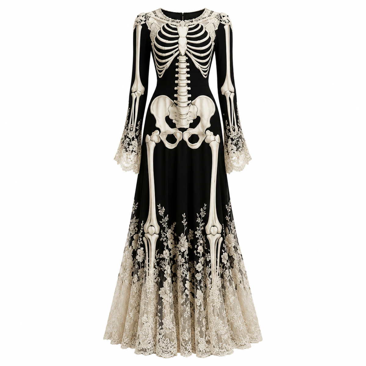 Ophelia | Women's Round-Neck Lace-Trim Skeleton-Print Bell-Sleeve Halloween Maxi Dress