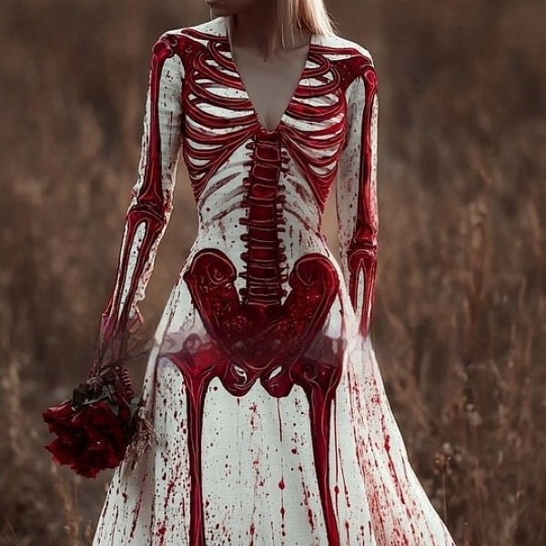 Ophelia | Women's Round-Neck Lace-Trim Skeleton-Print Bell-Sleeve Halloween Maxi Dress