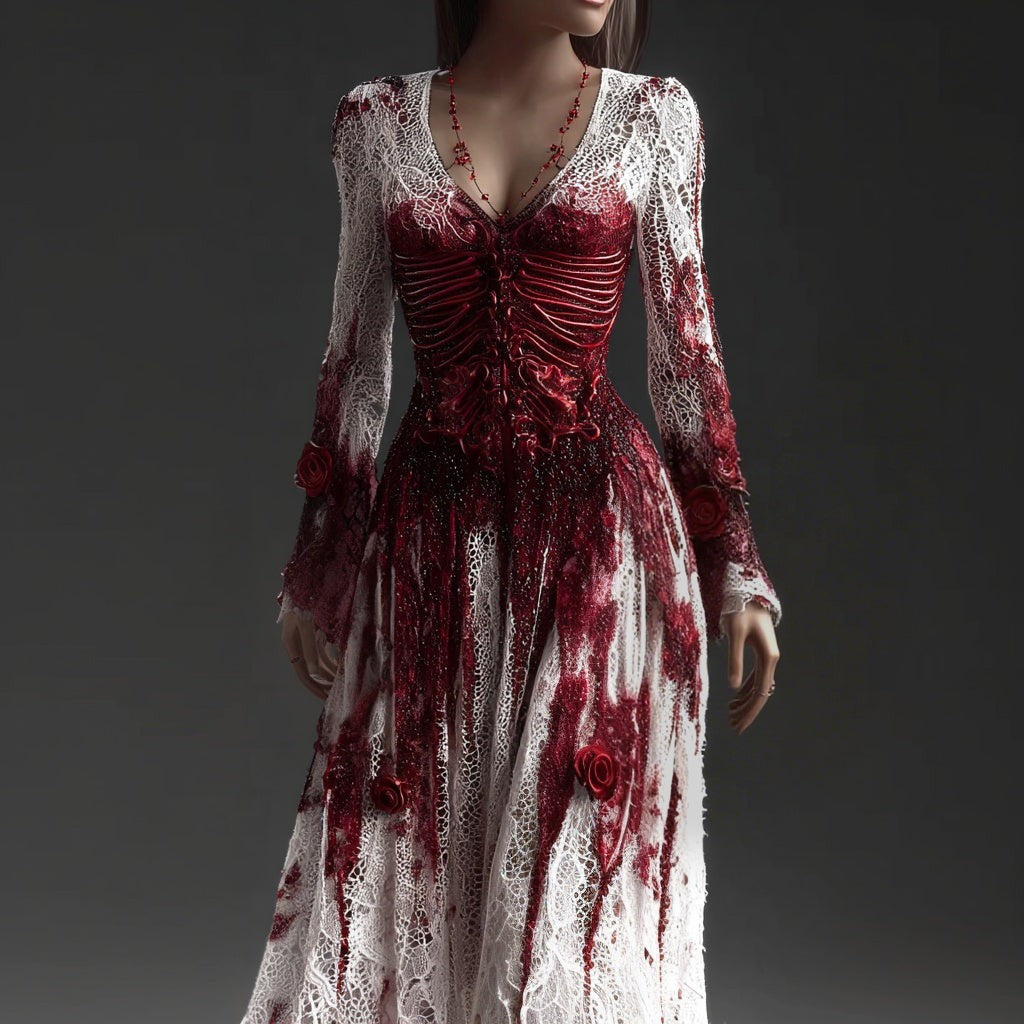 Ophelia | Women's Round-Neck Lace-Trim Skeleton-Print Bell-Sleeve Halloween Maxi Dress