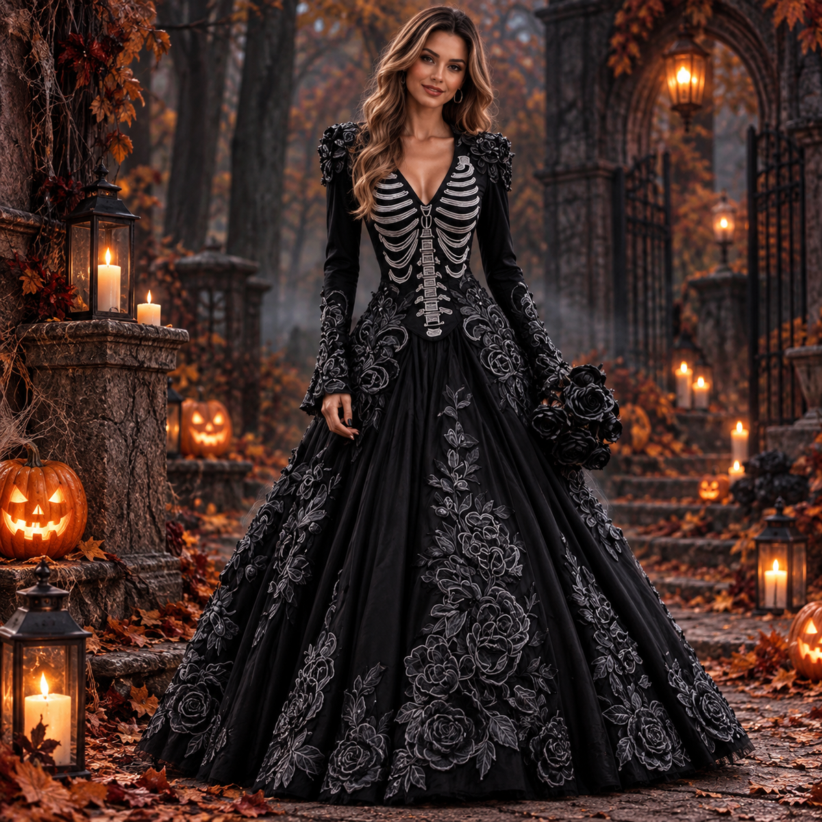 Morticia | Women's Skeleton Embroidered V-Neck Long-Sleeve A-Line Halloween Gown