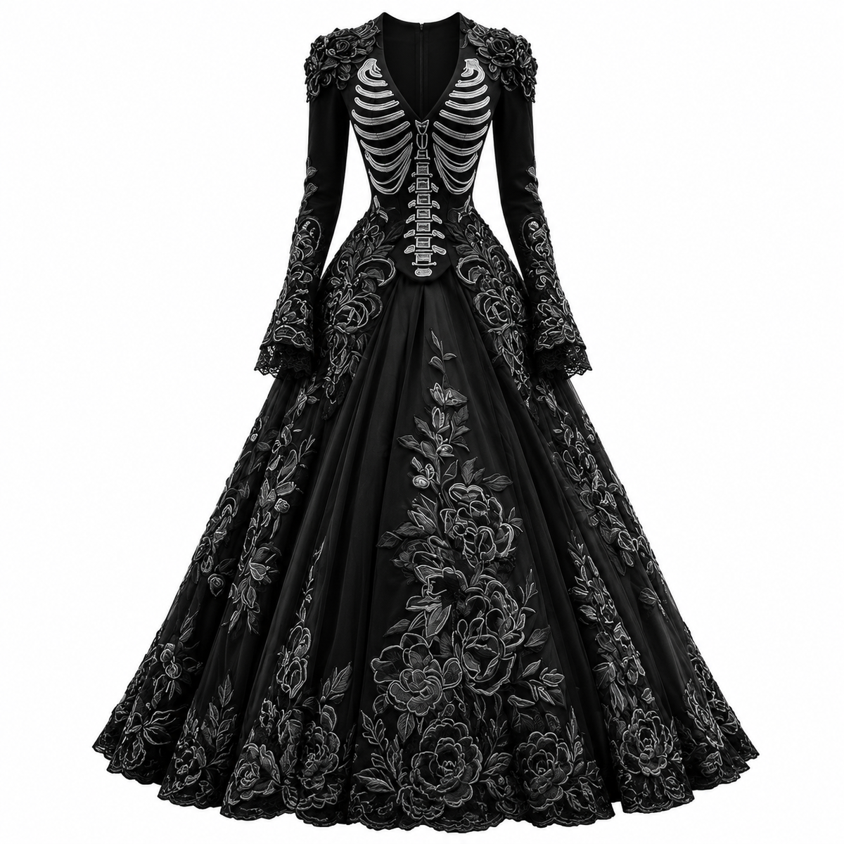 Morticia | Women's Skeleton Embroidered V-Neck Long-Sleeve A-Line Halloween Gown
