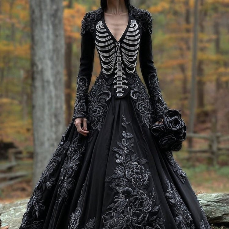 Morticia | Women's Skeleton Embroidered V-Neck Long-Sleeve A-Line Halloween Gown