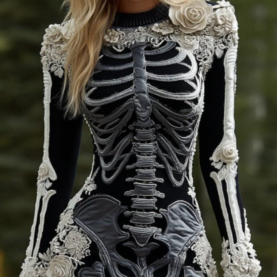 Vesper | Women's Skeleton Print Floral Appliqué Long-Sleeve Halloween Bodycon Mini Dress