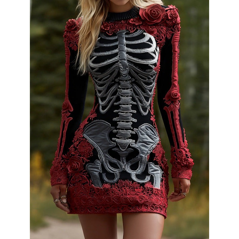 Vesper | Women's Skeleton Print Floral Appliqué Long-Sleeve Halloween Bodycon Mini Dress