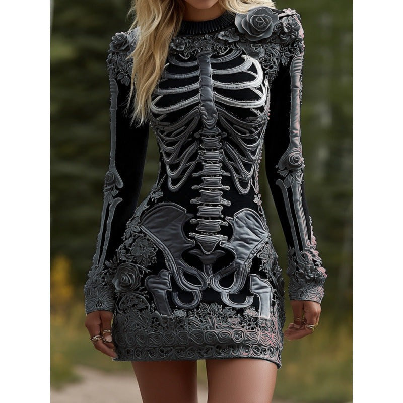 Vesper | Women's Skeleton Print Floral Appliqué Long-Sleeve Halloween Bodycon Mini Dress