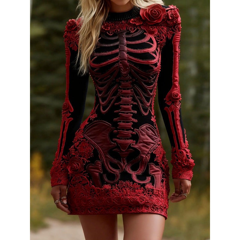 Vesper | Women's Skeleton Print Floral Appliqué Long-Sleeve Halloween Bodycon Mini Dress