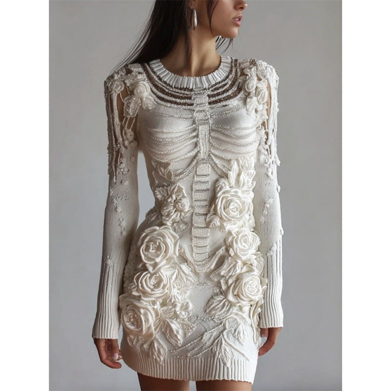 Vesper | Women's Skeleton Print Floral Appliqué Long-Sleeve Halloween Bodycon Mini Dress