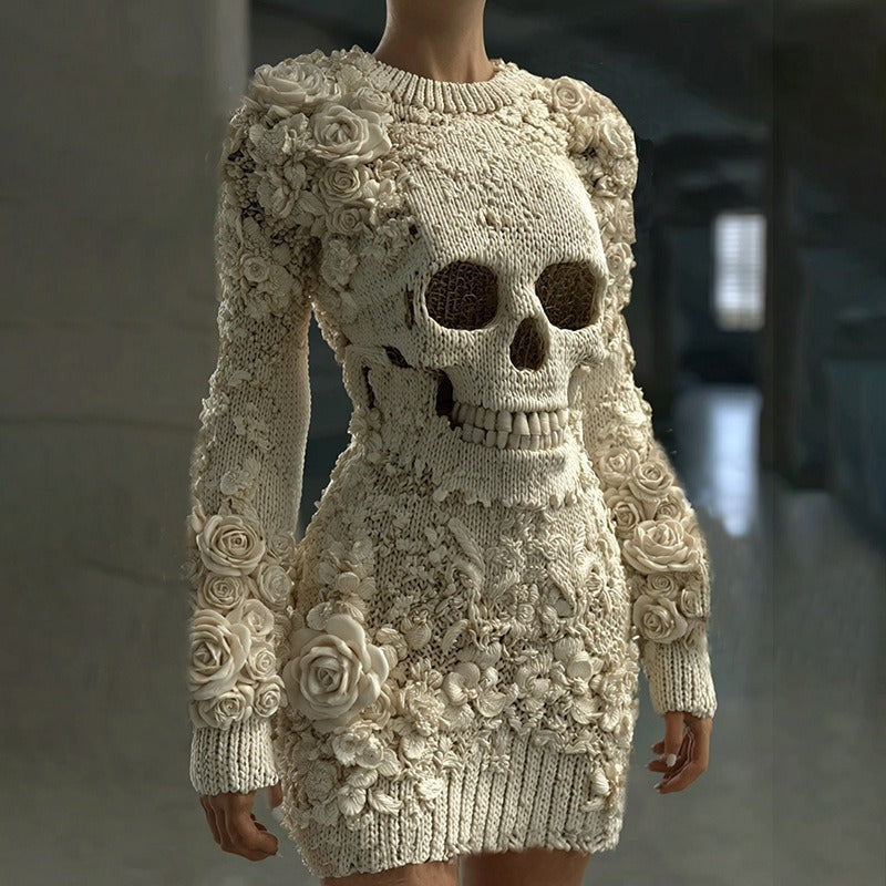 Vesper | Women's Skeleton Print Floral Appliqué Long-Sleeve Halloween Bodycon Mini Dress