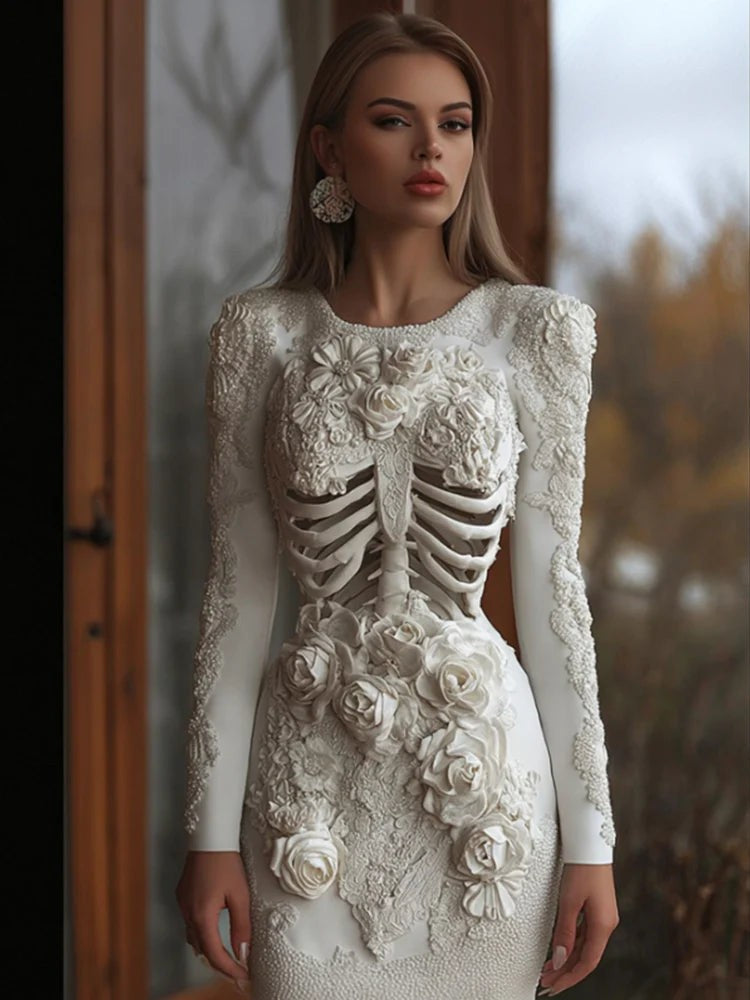 Vesper | Women's Skeleton Print Floral Appliqué Long-Sleeve Halloween Bodycon Mini Dress